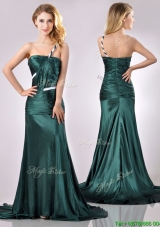 Modest One Shoulder Dark Green Prom Dress in Elastic Woven Satin