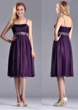 2016 Modest Spaghetti Straps Beaded Chiffon Short Dama Dress in Purple