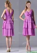 Classical V Neck Lilac Prom Dress with Handcrafted Flower and Ruching