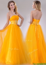 Elegant A Line Beaded Tulle Gold Prom Dress with Lace Up