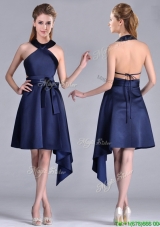 Elegant Halter Top Asymmetrical Navy Blue Christmas Party Dress in Satin