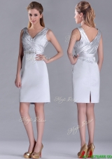 Modern V Neck Belted with Beading Prom Dress in Silver