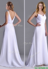 Popular Straps White Chiffon Prom Dress with Brush Train