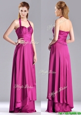 2016 Classical Halter Top Fuchsia Long Dama Dress in Elastic Woven Satin