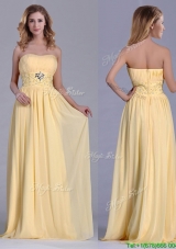 2016 Lovely Empire Yellow Long Dama Dress with Beading and Ruching