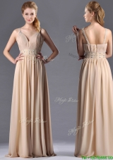 Champagne Empire Straps Beaded Chiffon Prom Dress for Graduation