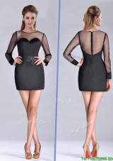 Cheap See Through Column Bateau Black Prom Dress with Long Sleeves