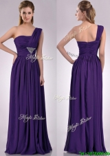 Discount Empire Beaded and Ruched Dark Purple Dama Dress with One Shoulder