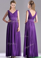 Luxurious V Neck Purple Prom Dress with Beading and Pleats