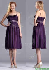 Modest Spaghetti Straps Beaded Chiffon Short Dama Dress in Purple