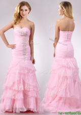 Popular Brush Train Organza Pink Christmas Party Dress with Beading and Ruffles