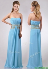 Discount Beaded Decorated Waist and Ruched Bodice Prom Dress in Aqua Blue