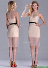 Exclusive High Neck Organza Champagne Prom Dress with Black Belt
