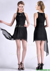 Modern Scoop Asymmetrical Black Chiffon Prom Dress with Beading