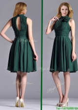 New High Neck Handmade Flower Dark Green Prom Dress with Open Back