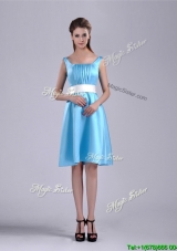 Popular Belted and Ruched Aqua Blue Bridesmaid Dress in Knee Length