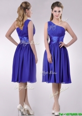 Popular One Shoulder Chiffon Blue Bridesmaid Dress with Side Zipper