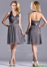 Romantic Chiffon Halter Top Knee Length Prom Dress in Grey