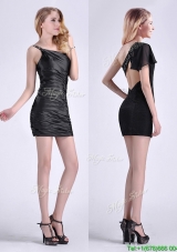 Sexy Criss Cross Beaded Black Short Prom Dress with One Shoulder