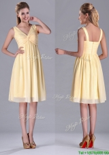 Empire Light Yellow V Neck Knee Length Short Bridesmaid Dress with Ruching
