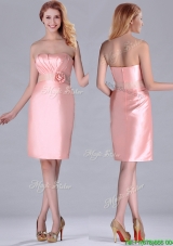 Short Strapless Knee Length Pink Bridesmaid Dress with Hand Crafted and Beading