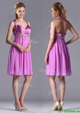Cheap Empire Halter Knee-length Beaded Short Dama Dress in Lilac