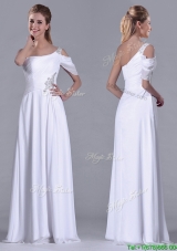 Cheap Empire One Shoulder Beaded White Long White Dama Dress for Holiday