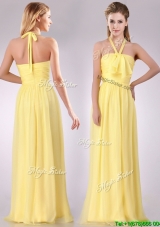 Cheap Halter Top Chiffon Ruched Long Dama Dress in Yellow