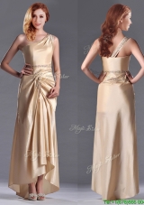 Champagne Ankle-length Beaded Side Zipper Mother Dress with One Shoulde