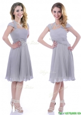 Elegant Cap Sleeves Tea Length Grey Mother Dress with Pleats