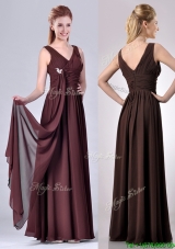 Simple Empire V Neck Chiffon Long Mother Dress in Brown