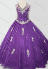 Cheap Ball Gown V Neck Organza Beaded and Applique Little Girl Pageant Dress in Purple