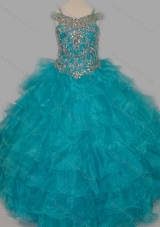 Cheap Really Puffy V-neck Teal Little Girl Pageant Dress with Rhinestones and Straps