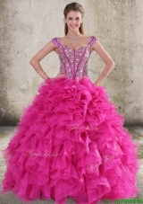 Perfect Ruffled and Beaded Bodice Straps Hot Pink Sweet 16 Dress