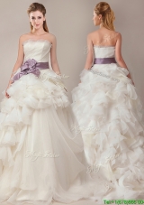 Ball Gown Strapless Sophisticated Ruffled and Sashed Wedding Dresses with Brush Train