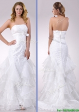 Exquisite Column Strapless Brush Train Beaded Wedding Dress in Organza