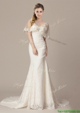 Gorgeous Mermaid V Neck Court Train Short Sleeves Wedding Dresses with Lace and Appliques