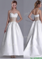 Luxurious Spaghetti Straps Brush Train Wedding Dress with Belt and Handmade Flowers