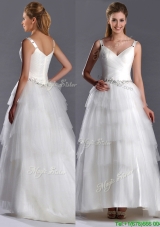 Romantic Straps Princess Tulle Beaded Wedding Dress with Brush Train