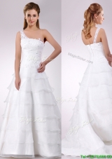 Top Selling One Shoulder Beaded and Ruffled Layered Zipper Up Wedding Dress with Brush Train