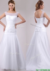 Wonderful Column Cap Sleeves Beaded and Ruched Wedding Dress in Tulle