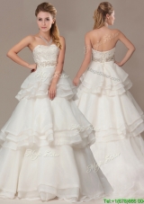 Lovely A-line Brush Train Wedding Dresses with Beading and Ruffles Layers