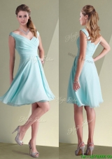 Lovely Chiffon Off the Shoulder Aqua Blue Dama Dress with Ruching