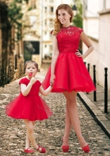 2016 Feminine High Neck Backless Prom Dress in Red and Beautiful Mini Length Little Girl Dress with Cap Sleeves