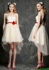 2016 Classical One Shoulder High Low Champagne Dama Dresses with Belt and Appliques