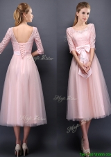 2016 Most Popular Scoop Half Sleeves Baby Pink  Dama Dresses with Bowknot