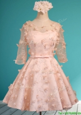 2016 Wonderful Applique and Belted Scoop Short Bridesmaid Dresses in Peach