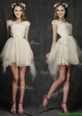 Best V Neck Cap Sleeves Short Bridesmaid Dress with Belt and Appliques