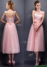 Lovely Hand Made Flowers and Applique Scoop Dama Dresses  in Baby Pink