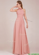 Low Price Halter Top Peach Long Bridesmaid Dresses in Chiffon